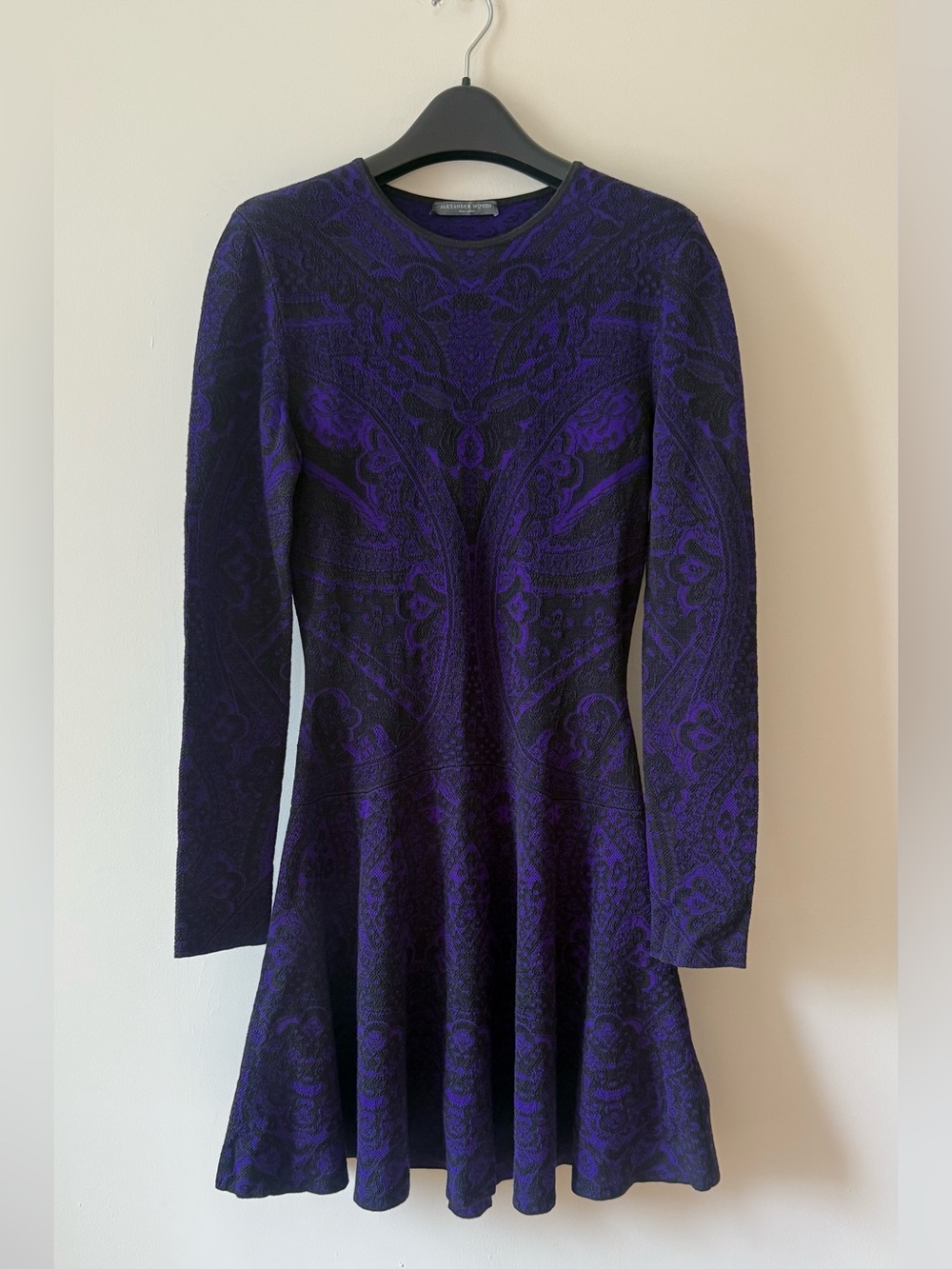Alexander McQueen Black Purple Jacquard Fit & Flare Dress